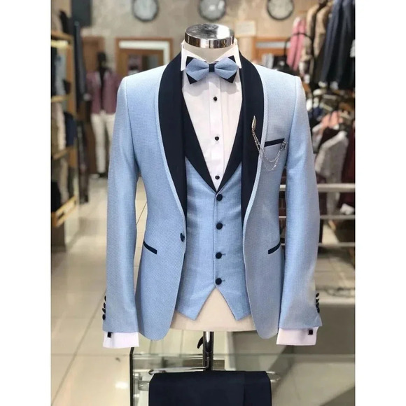 MCR Moda Crise Suit Mens 52 Slim Fit Light Blue Micro Houndstooth Summer Wedding - Picture 1 of 10